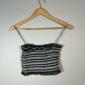 Vintage Black White Smocked Lace-Trim Ruffle Crop Tank Top Small